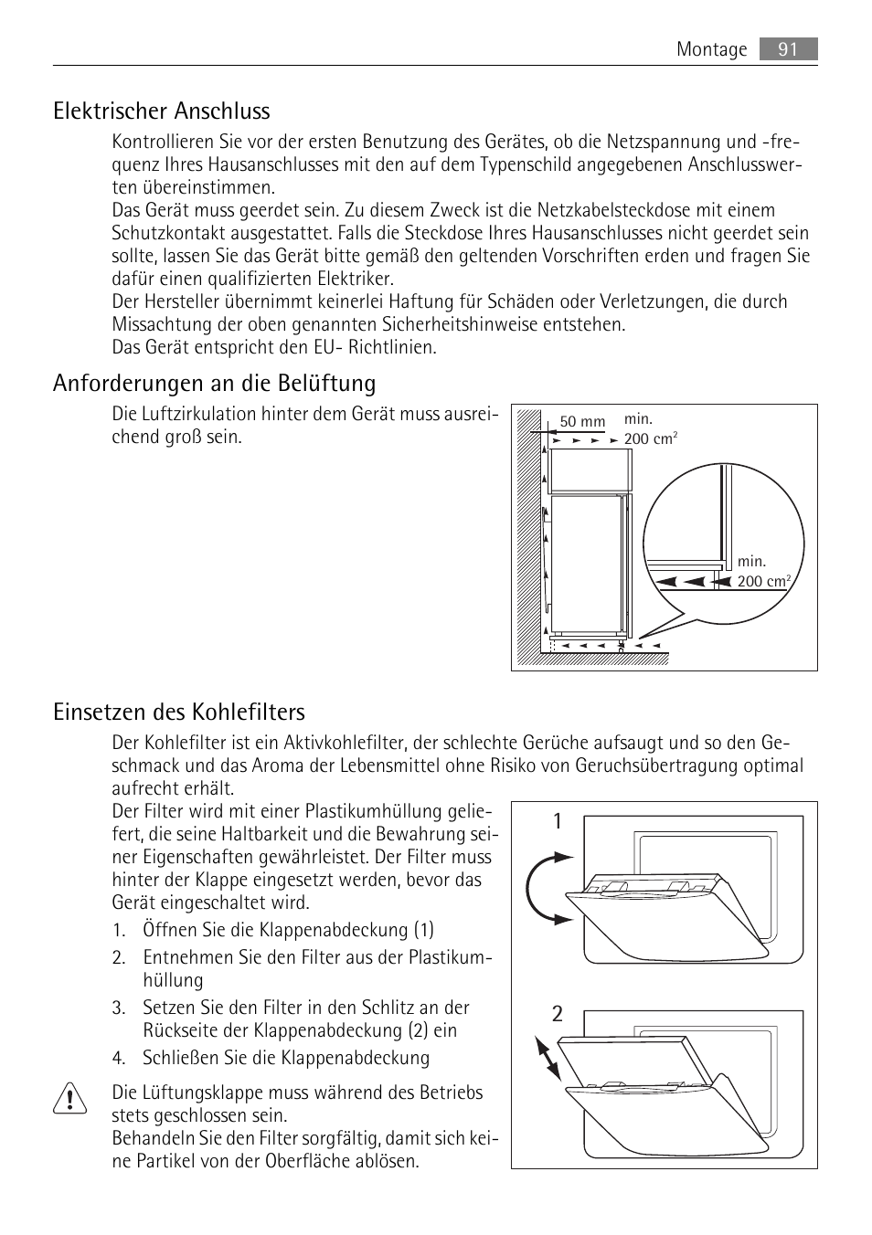 Elektrischer anschluss, Anforderungen an die belüftung, Einsetzen des kohlefilters | AEG SKZ81200F0 User Manual | Page 91 / 96