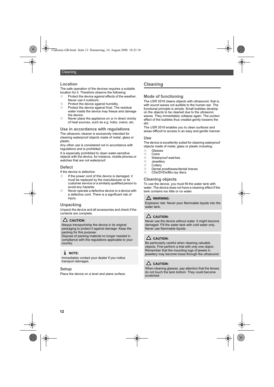 Cleaning | AEG USR 5516 User Manual | Page 12 / 66