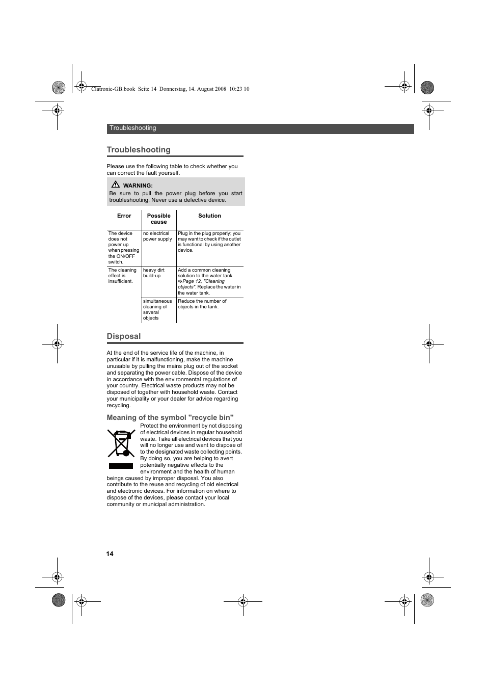 Troubleshooting, Disposal | AEG USR 5516 User Manual | Page 14 / 66
