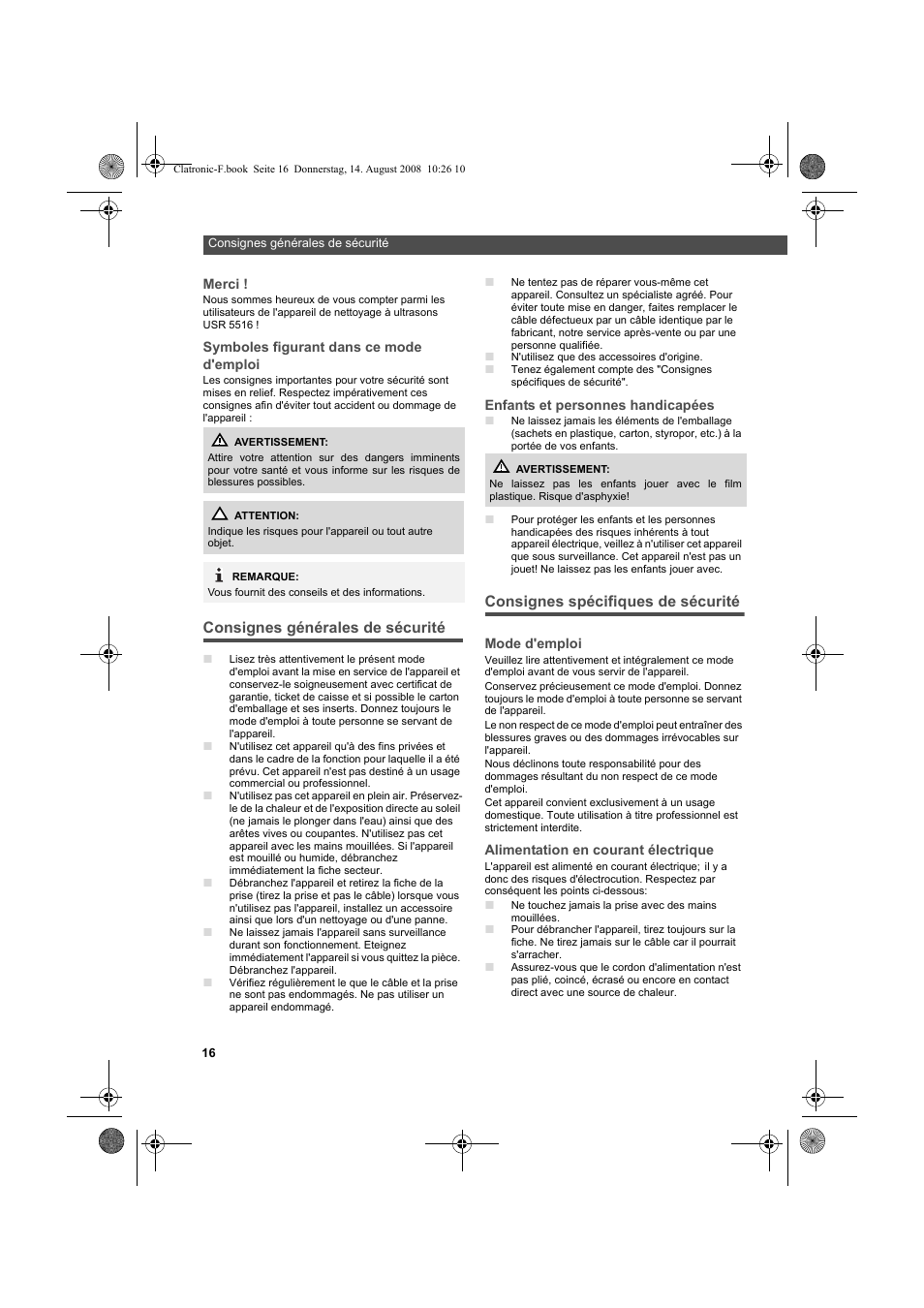 Consignes générales de sécurité, Consignes spécifiques de sécurité | AEG USR 5516 User Manual | Page 16 / 66