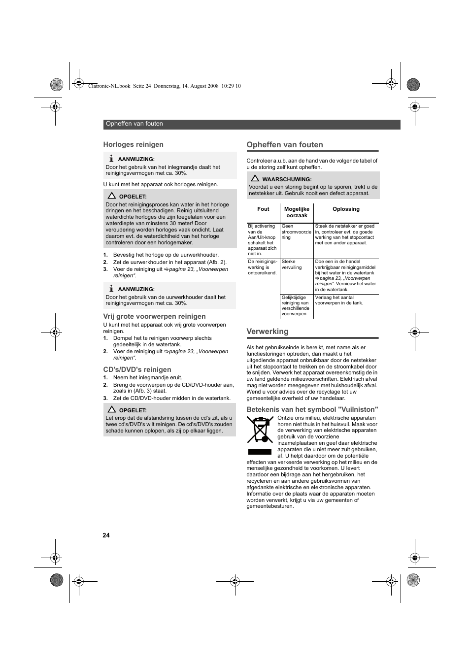 Opheffen van fouten, Verwerking | AEG USR 5516 User Manual | Page 24 / 66