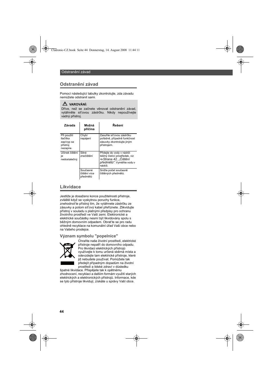 Odstranění závad, Likvidace | AEG USR 5516 User Manual | Page 44 / 66