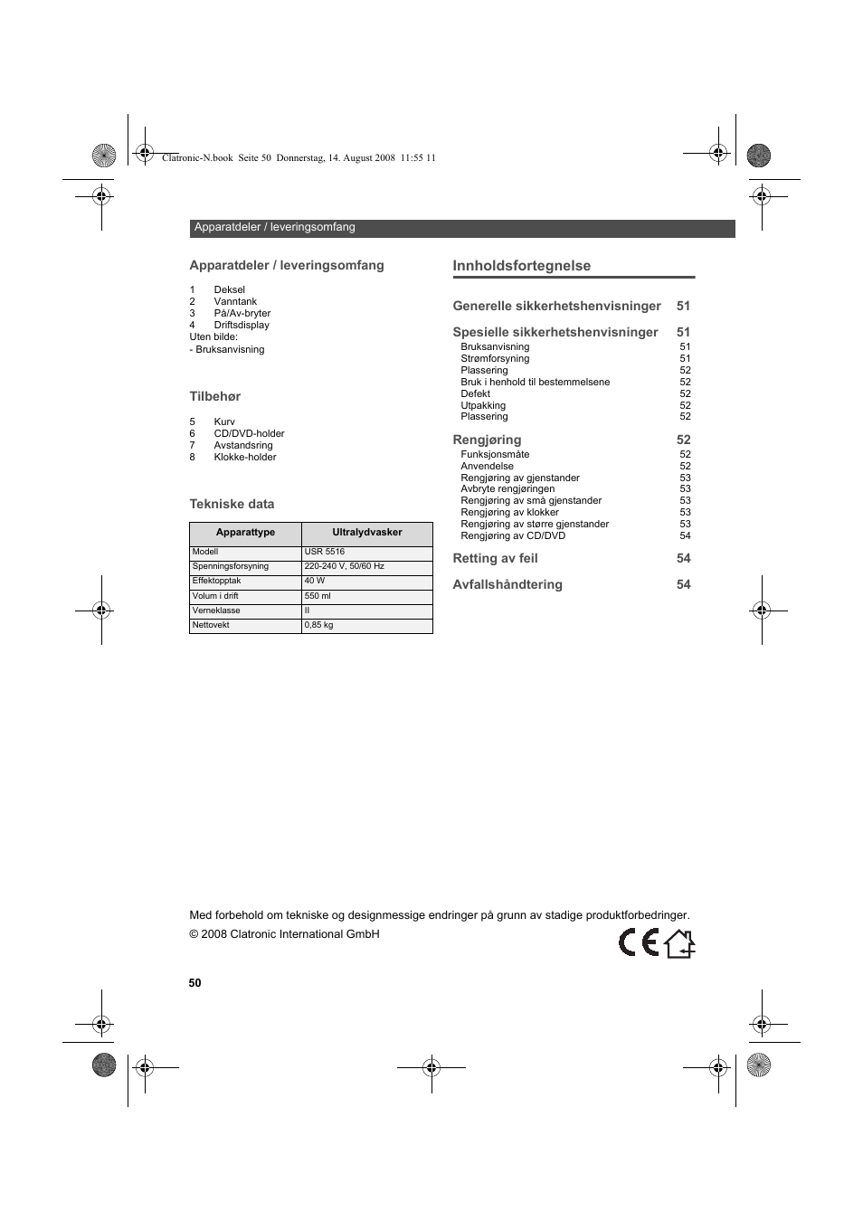 Innholdsfortegnelse | AEG USR 5516 User Manual | Page 50 / 66