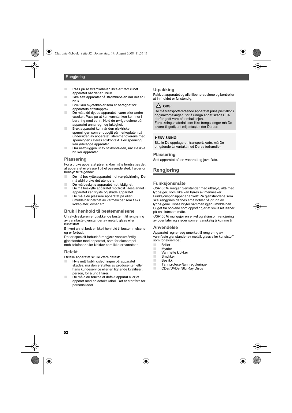 Rengjøring | AEG USR 5516 User Manual | Page 52 / 66