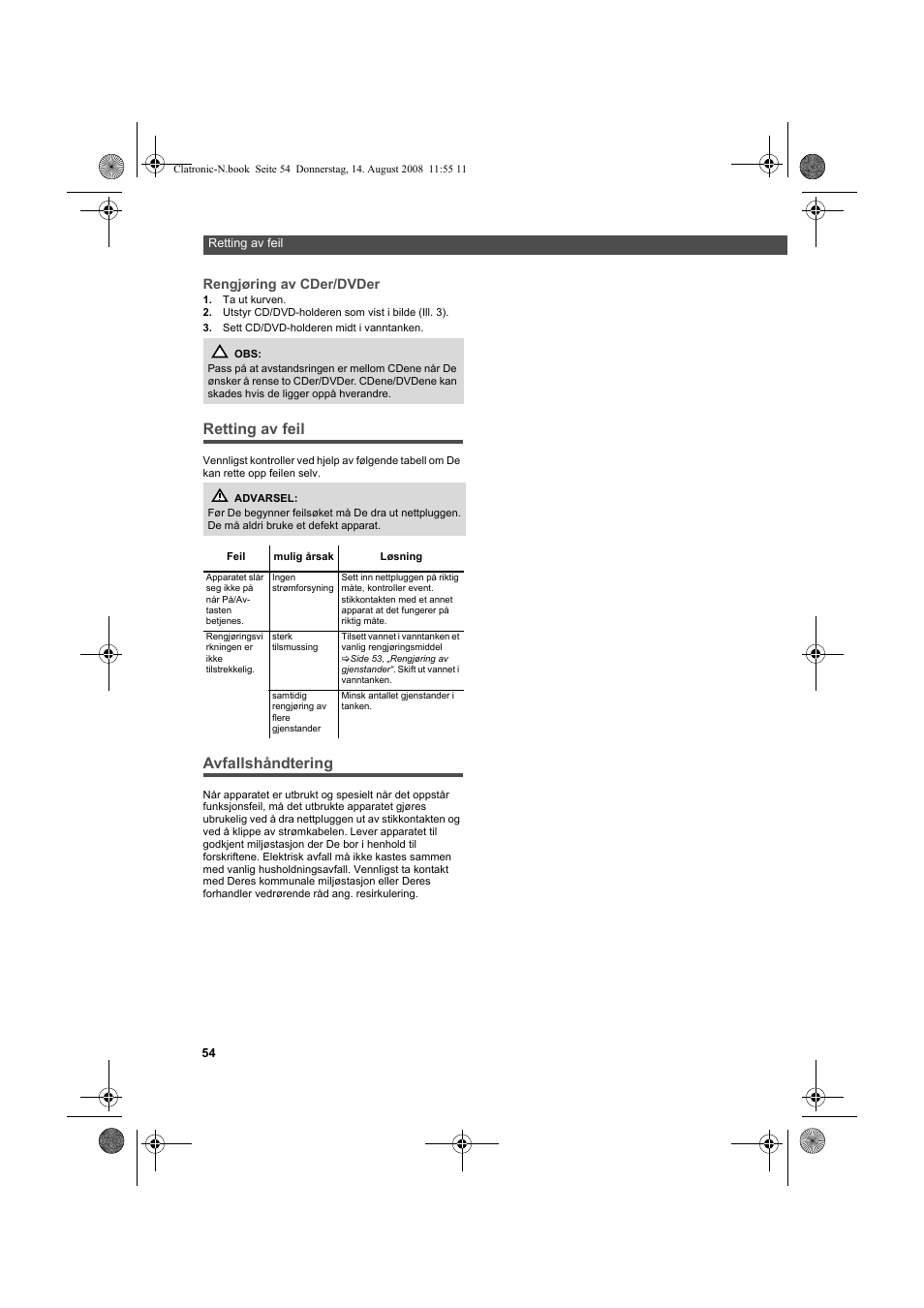 Retting av feil, Avfallshåndtering | AEG USR 5516 User Manual | Page 54 / 66
