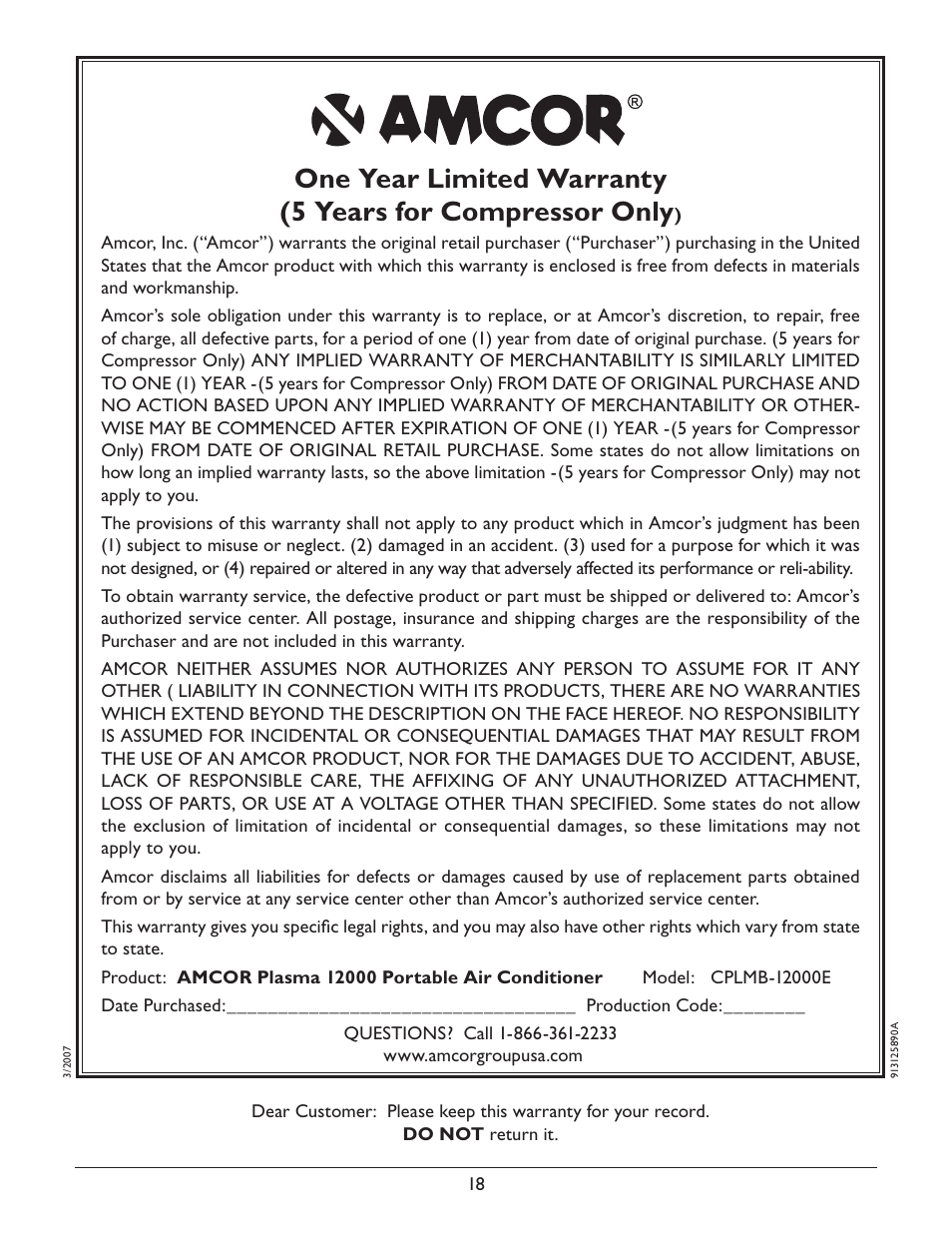 Amcor CPLMB-12000E User Manual | Page 20 / 20