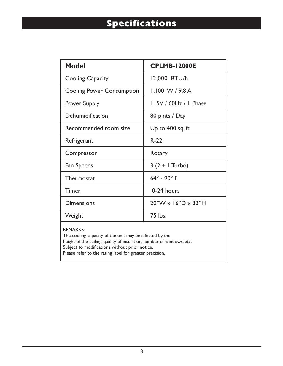 Specifications | Amcor CPLMB-12000E User Manual | Page 5 / 20