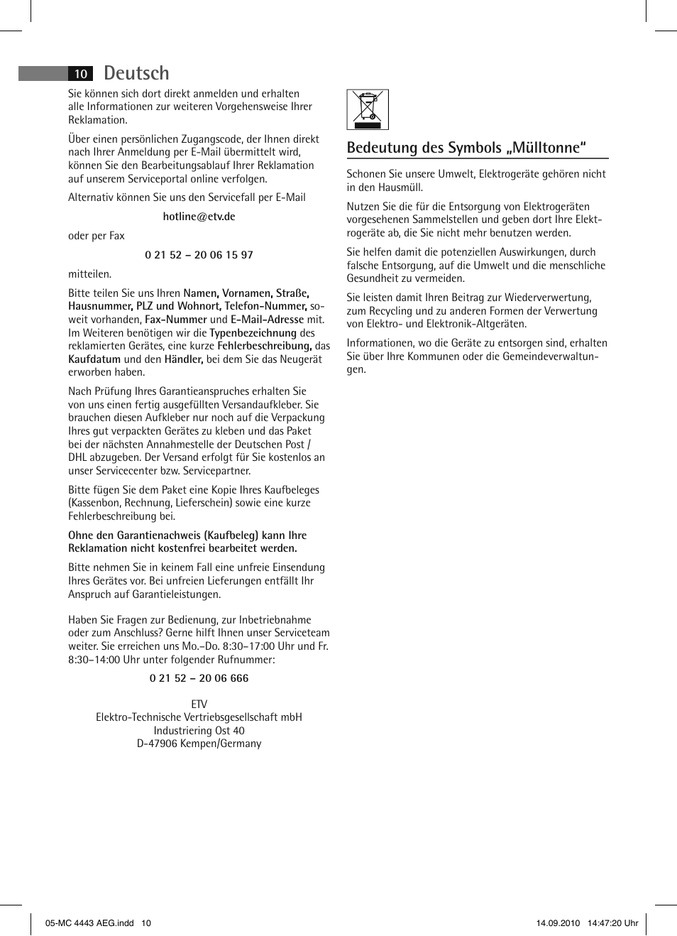 Deutsch, Bedeutung des symbols „mülltonne | AEG MC 4443 CD-MP3 User Manual | Page 10 / 74