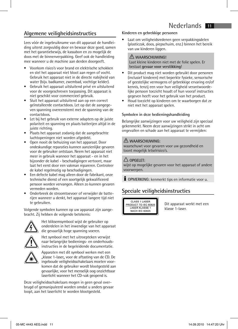 Nederlands, Algemene veiligheidsinstructies, Speciale veiligheidsinstructies | AEG MC 4443 CD-MP3 User Manual | Page 11 / 74