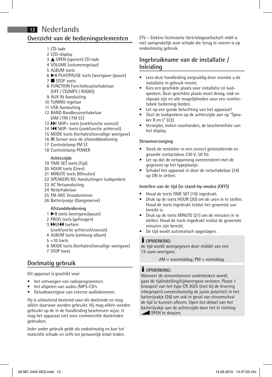 Nederlands, Overzicht van de bedieningselementen, Doelmatig gebruik | Ingebruikname van de installatie / inleiding | AEG MC 4443 CD-MP3 User Manual | Page 12 / 74