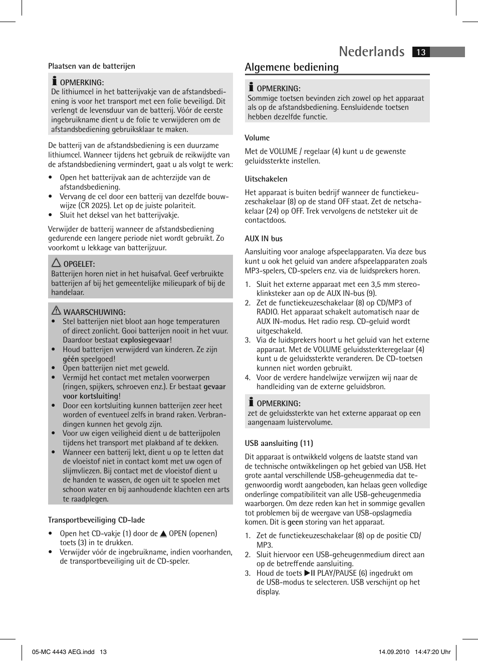 Nederlands, Algemene bediening | AEG MC 4443 CD-MP3 User Manual | Page 13 / 74