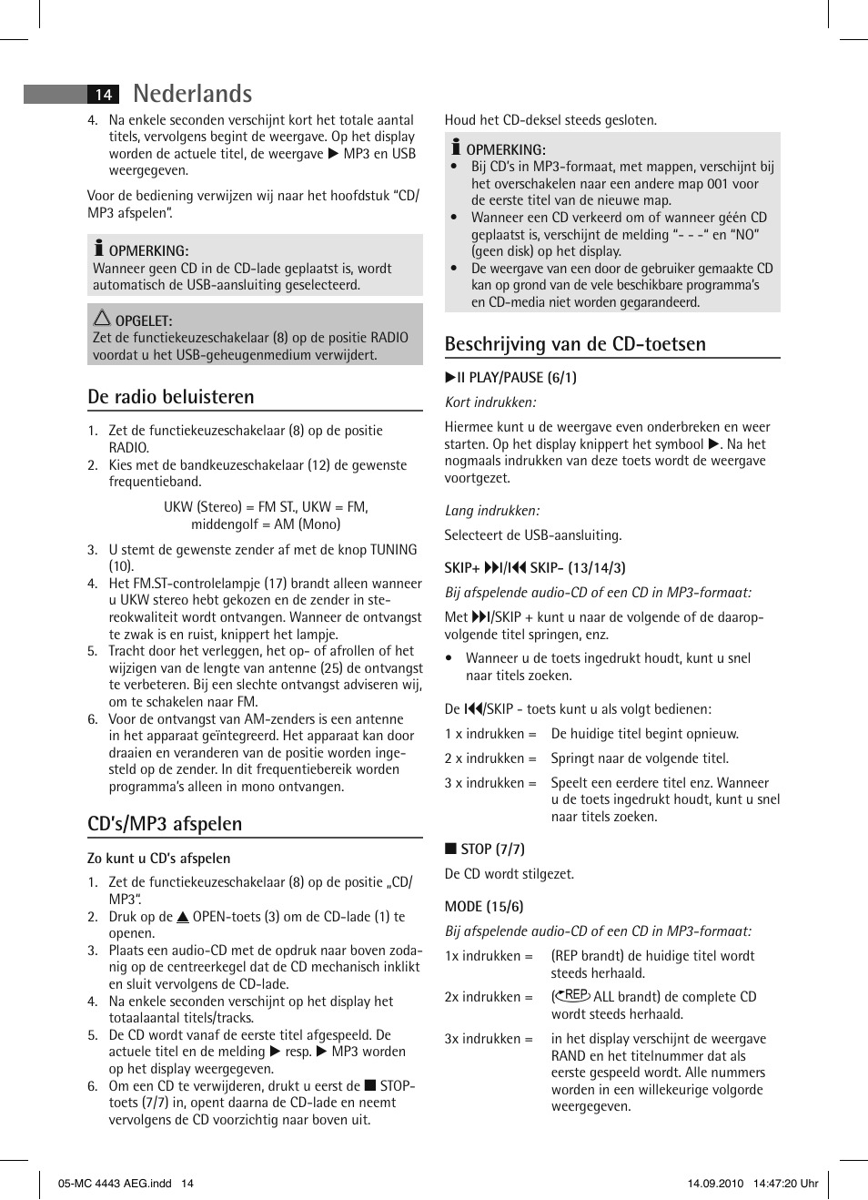 Nederlands, De radio beluisteren, Cd’s/mp3 afspelen | Beschrijving van de cd-toetsen | AEG MC 4443 CD-MP3 User Manual | Page 14 / 74