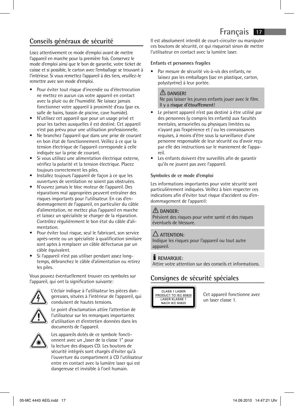 Français, Conseils généraux de sécurité, Consignes de sécurité spéciales | AEG MC 4443 CD-MP3 User Manual | Page 17 / 74