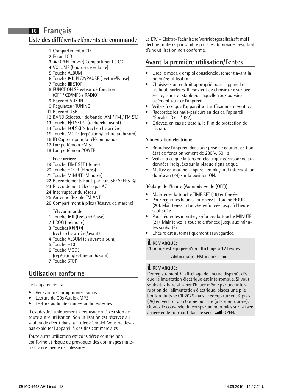 Français, Liste des différents éléments de commande, Utilisation conforme | Avant la première utilisation/fentes | AEG MC 4443 CD-MP3 User Manual | Page 18 / 74