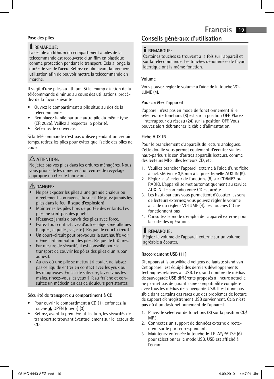 Français, Conseils généraux d’utilisation | AEG MC 4443 CD-MP3 User Manual | Page 19 / 74