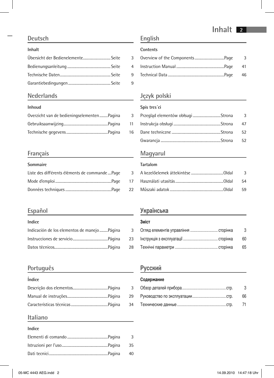 Inhalt, Deutsch, Nederlands | Français, Español, Português, Italiano, English, Język polski, Magyarul | AEG MC 4443 CD-MP3 User Manual | Page 2 / 74