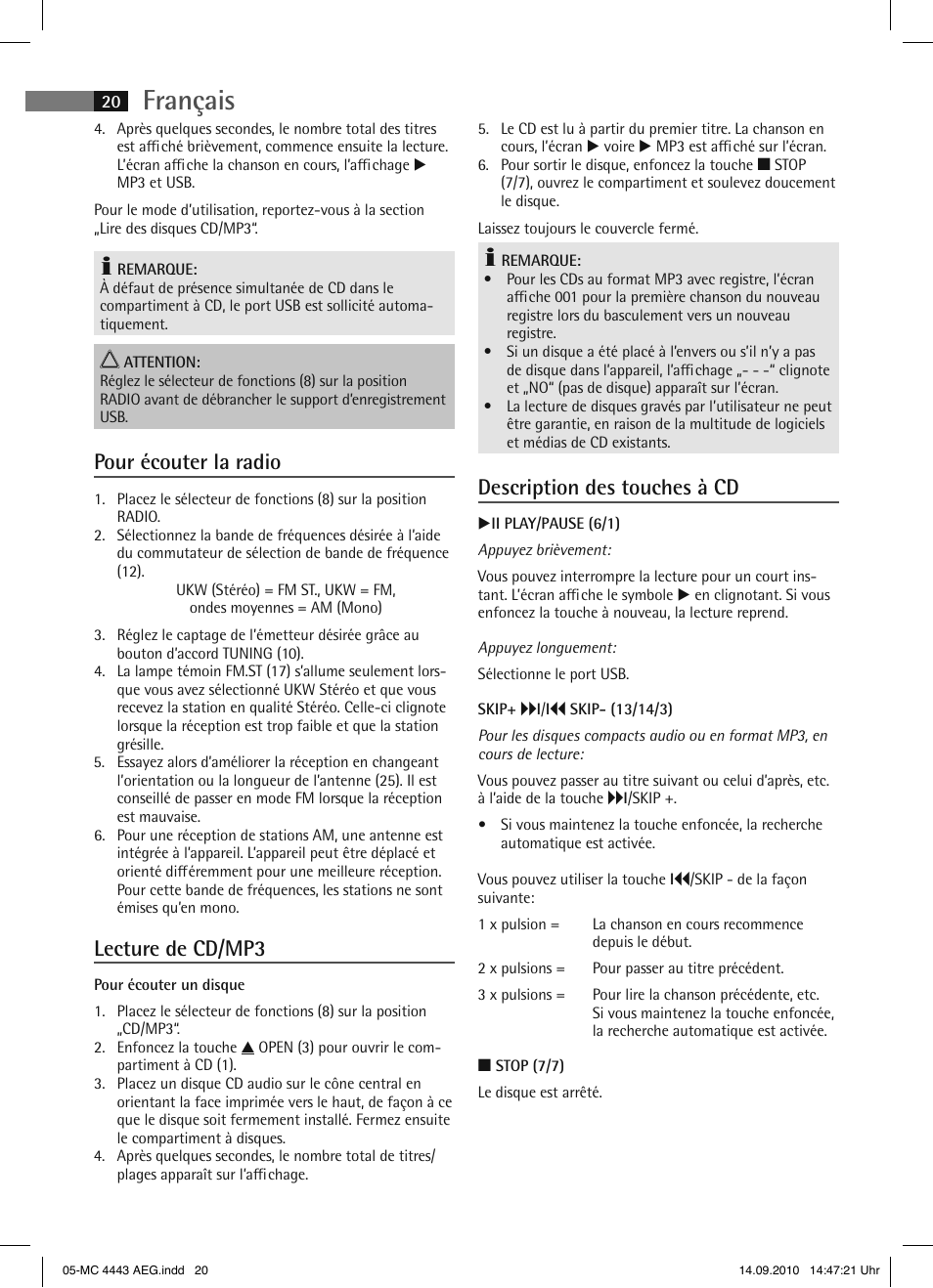 Français, Pour écouter la radio, Lecture de cd/mp3 | Description des touches à cd | AEG MC 4443 CD-MP3 User Manual | Page 20 / 74