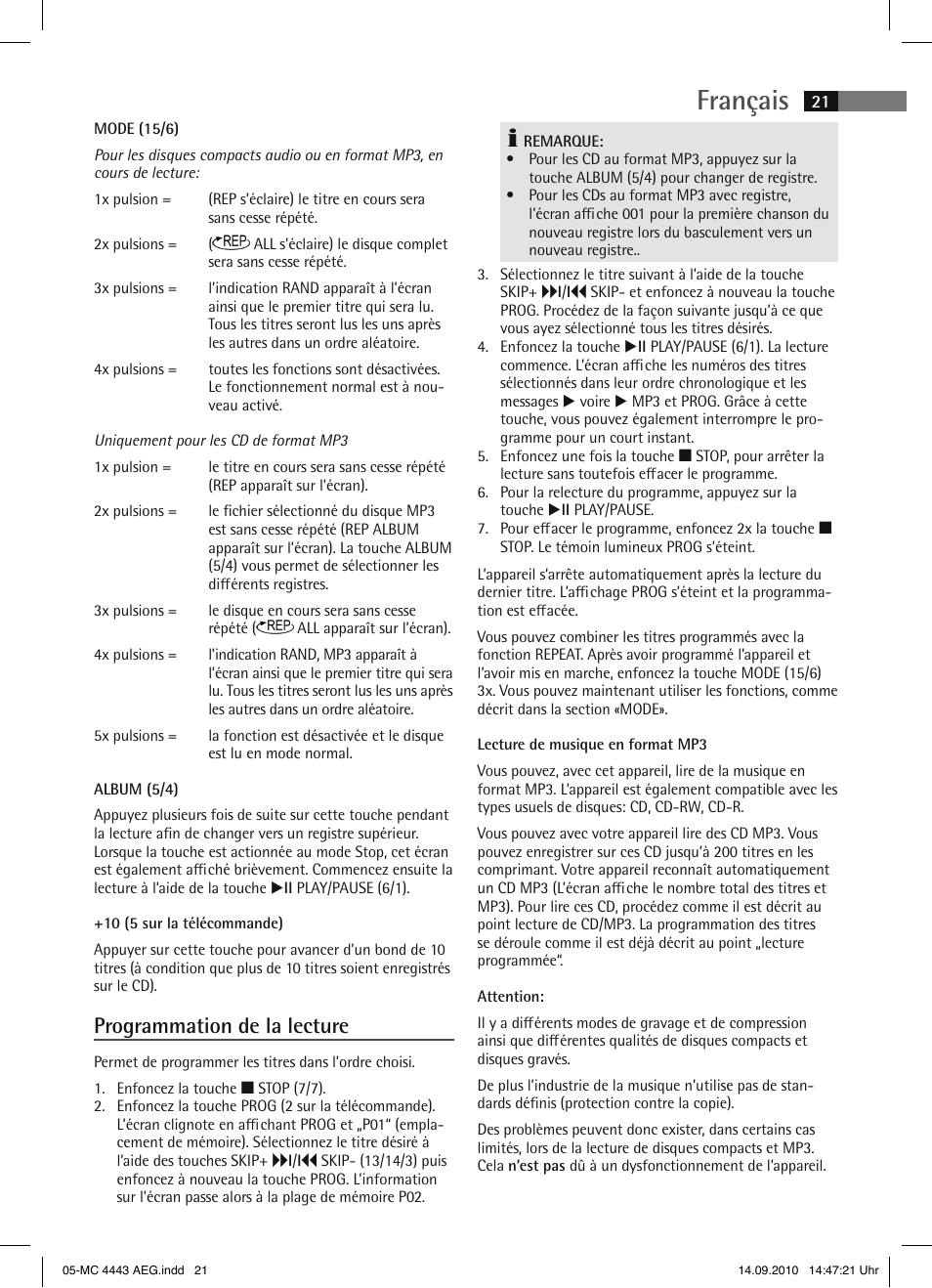 Français, Programmation de la lecture | AEG MC 4443 CD-MP3 User Manual | Page 21 / 74