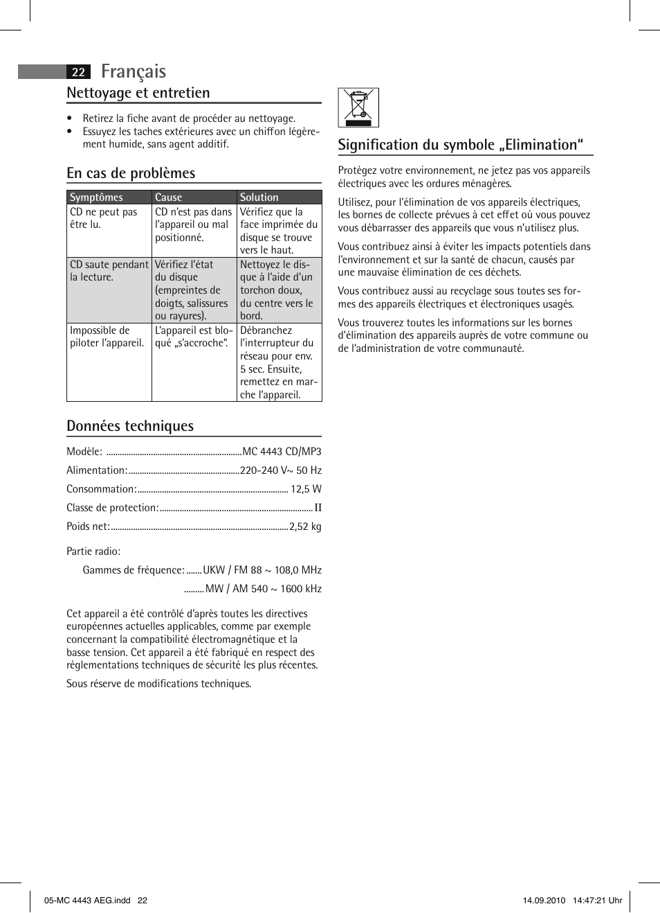 Français, Nettoyage et entretien, En cas de problèmes | Données techniques, Signification du symbole „elimination | AEG MC 4443 CD-MP3 User Manual | Page 22 / 74