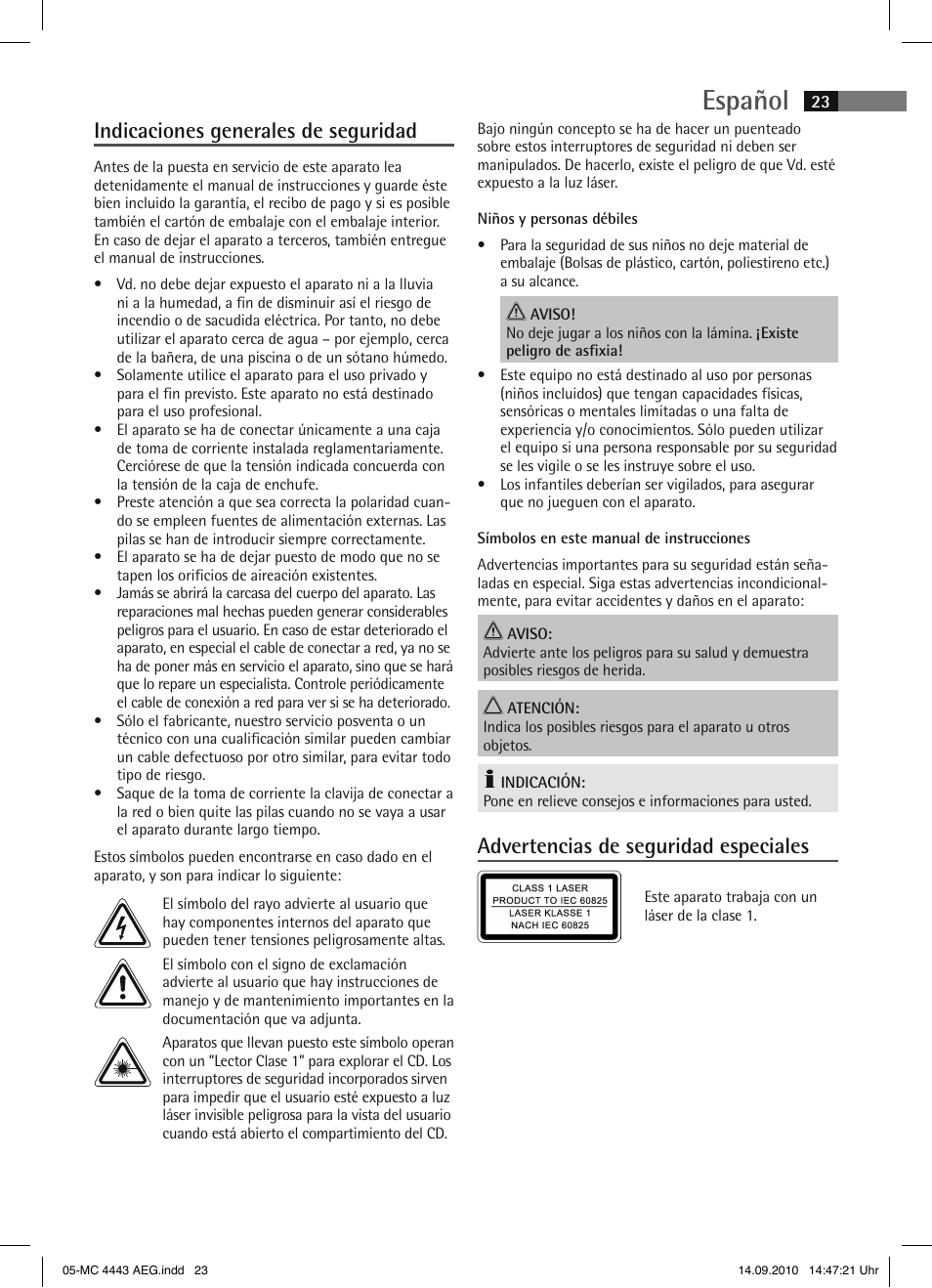 Español, Indicaciones generales de seguridad, Advertencias de seguridad especiales | AEG MC 4443 CD-MP3 User Manual | Page 23 / 74