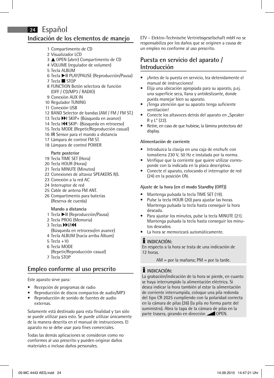 Español, Indicación de los elementos de manejo, Empleo conforme al uso prescrito | Puesta en servicio del aparato / introducción | AEG MC 4443 CD-MP3 User Manual | Page 24 / 74