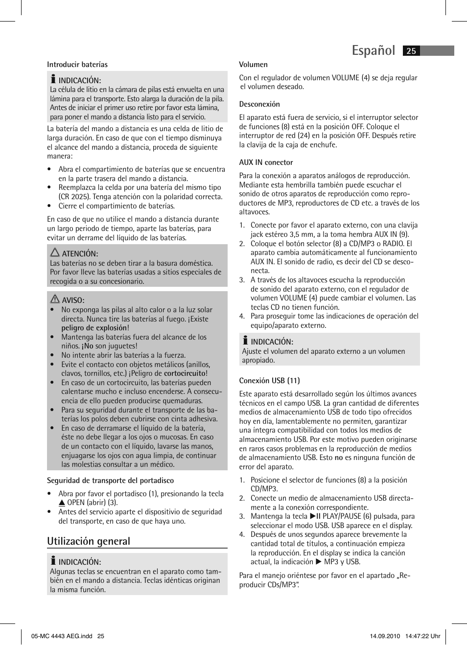 Español, Utilización general | AEG MC 4443 CD-MP3 User Manual | Page 25 / 74