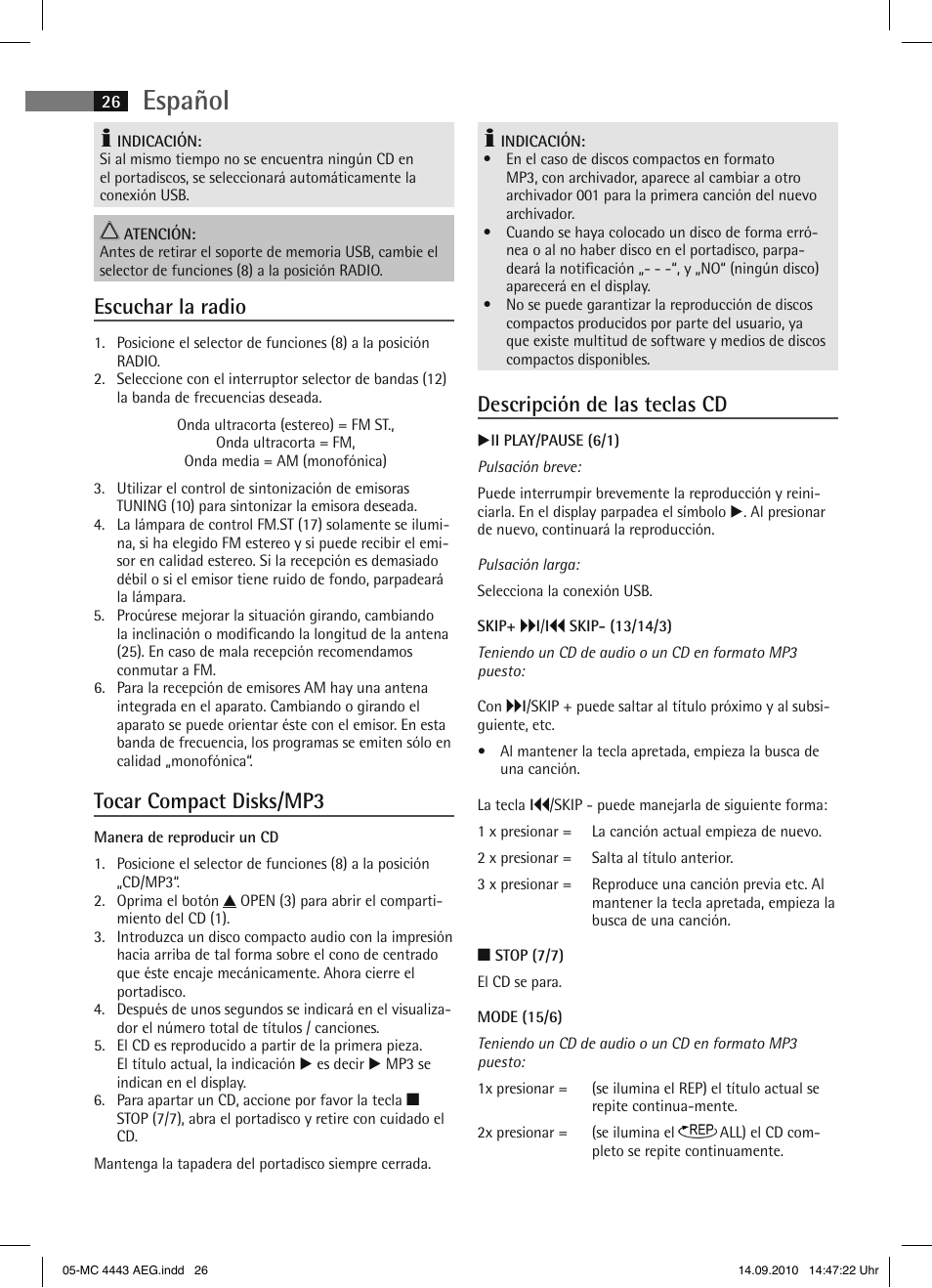 Español, Escuchar la radio, Tocar compact disks/mp3 | Descripción de las teclas cd | AEG MC 4443 CD-MP3 User Manual | Page 26 / 74