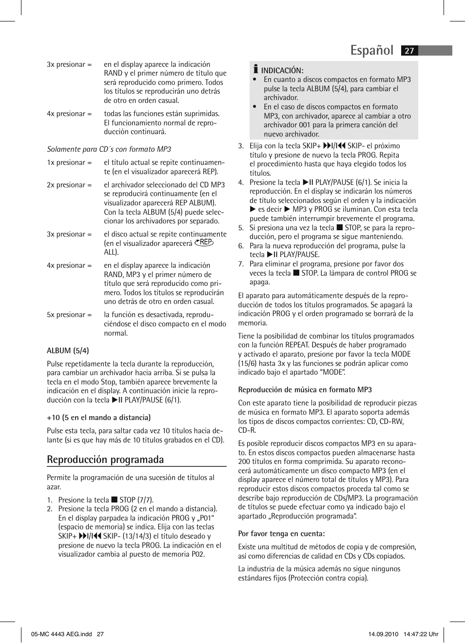 Español, Reproducción programada | AEG MC 4443 CD-MP3 User Manual | Page 27 / 74