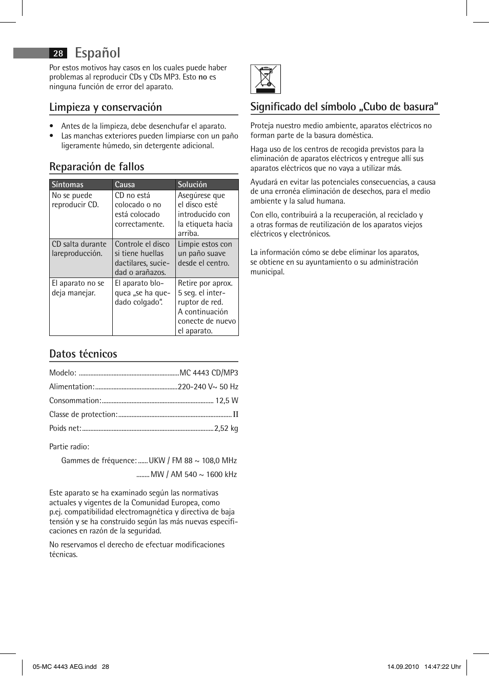 Español, Limpieza y conservación, Reparación de fallos | Datos técnicos, Significado del símbolo „cubo de basura | AEG MC 4443 CD-MP3 User Manual | Page 28 / 74
