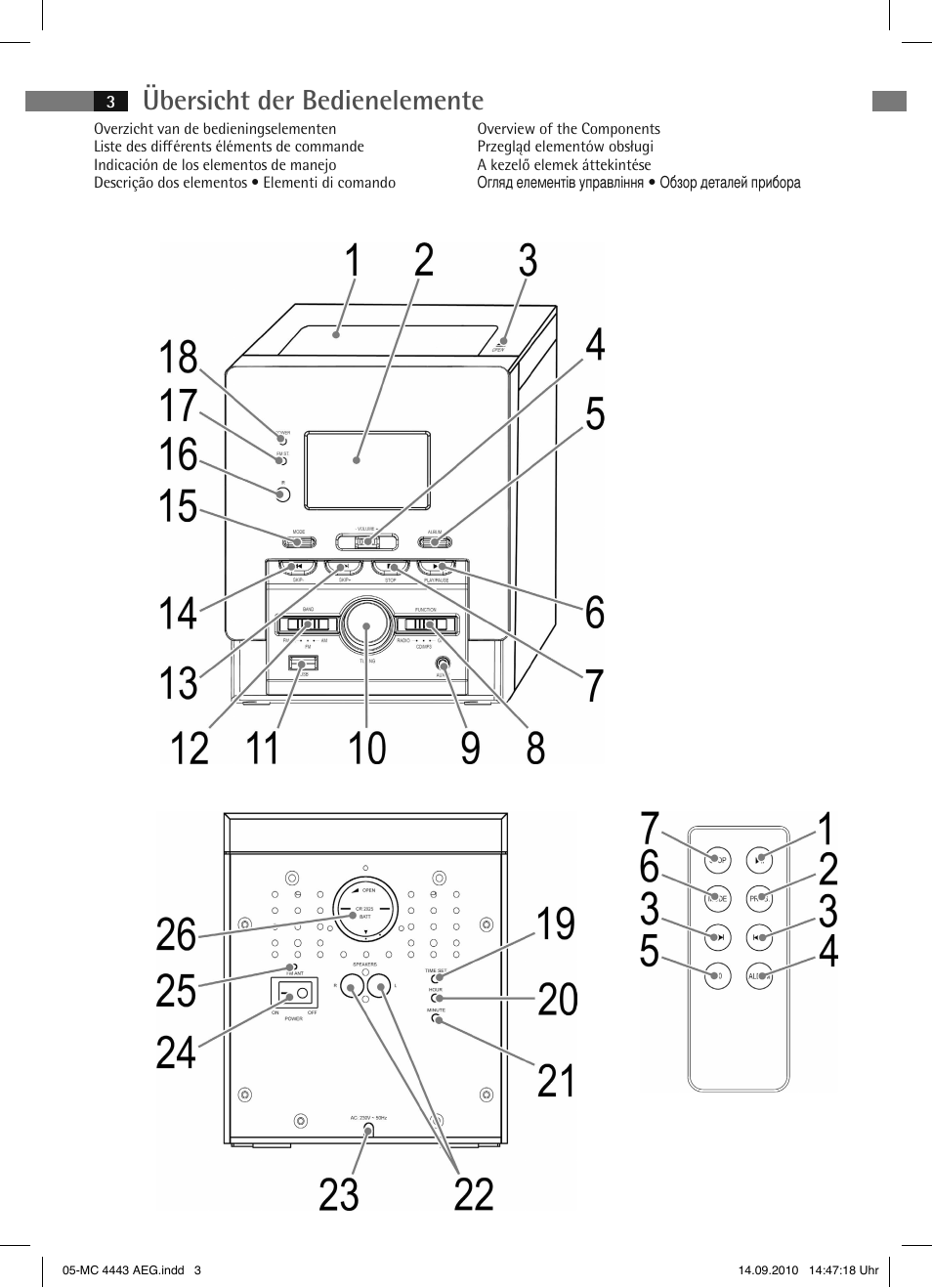 Übersicht der bedienelemente | AEG MC 4443 CD-MP3 User Manual | Page 3 / 74