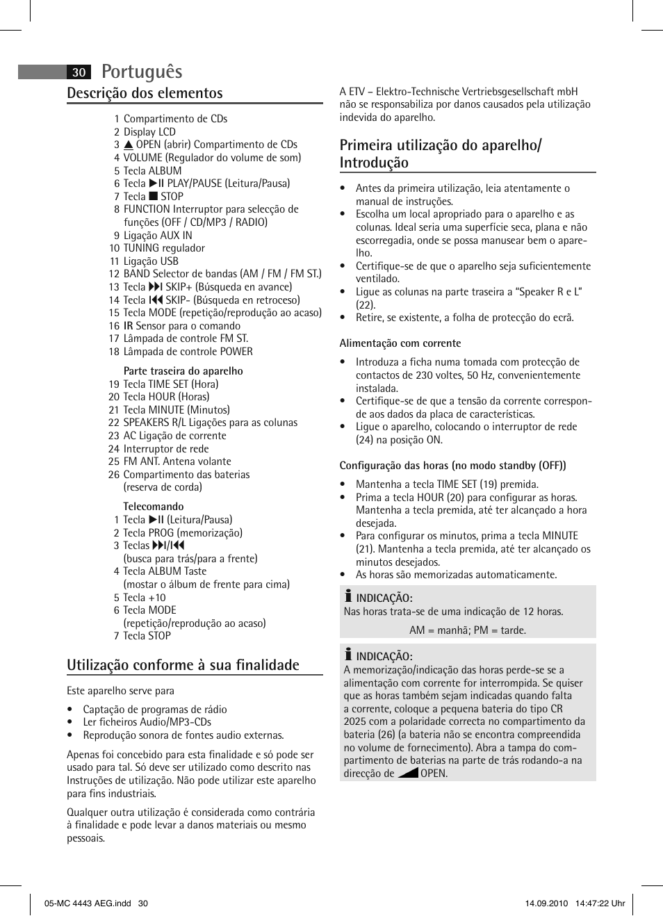 Português, Descrição dos elementos, Utilização conforme à sua finalidade | Primeira utilização do aparelho/ introdução | AEG MC 4443 CD-MP3 User Manual | Page 30 / 74