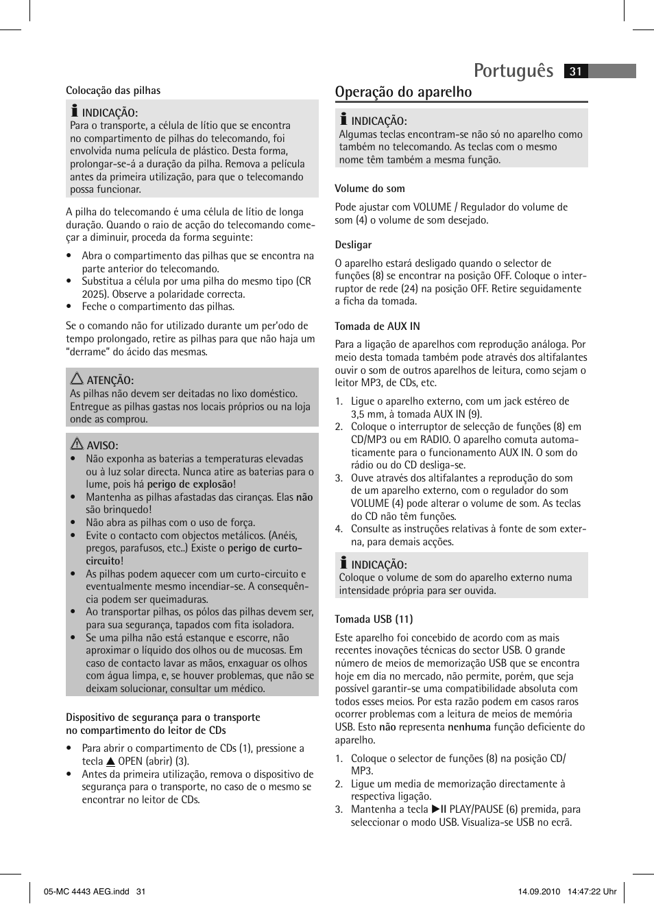 Português, Operação do aparelho | AEG MC 4443 CD-MP3 User Manual | Page 31 / 74