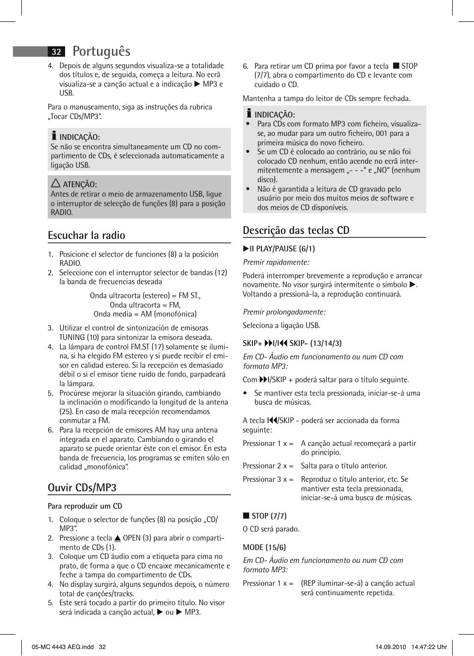 Português, Escuchar la radio, Ouvir cds/mp3 | Descrição das teclas cd | AEG MC 4443 CD-MP3 User Manual | Page 32 / 74