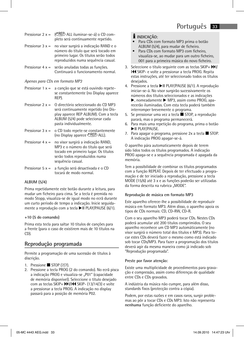 Português, Reprodução programada | AEG MC 4443 CD-MP3 User Manual | Page 33 / 74