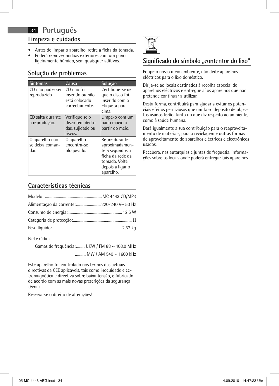 Português, Limpeza e cuidados, Solução de problemas | Características técnicas, Significado do símbolo „contentor do lixo | AEG MC 4443 CD-MP3 User Manual | Page 34 / 74