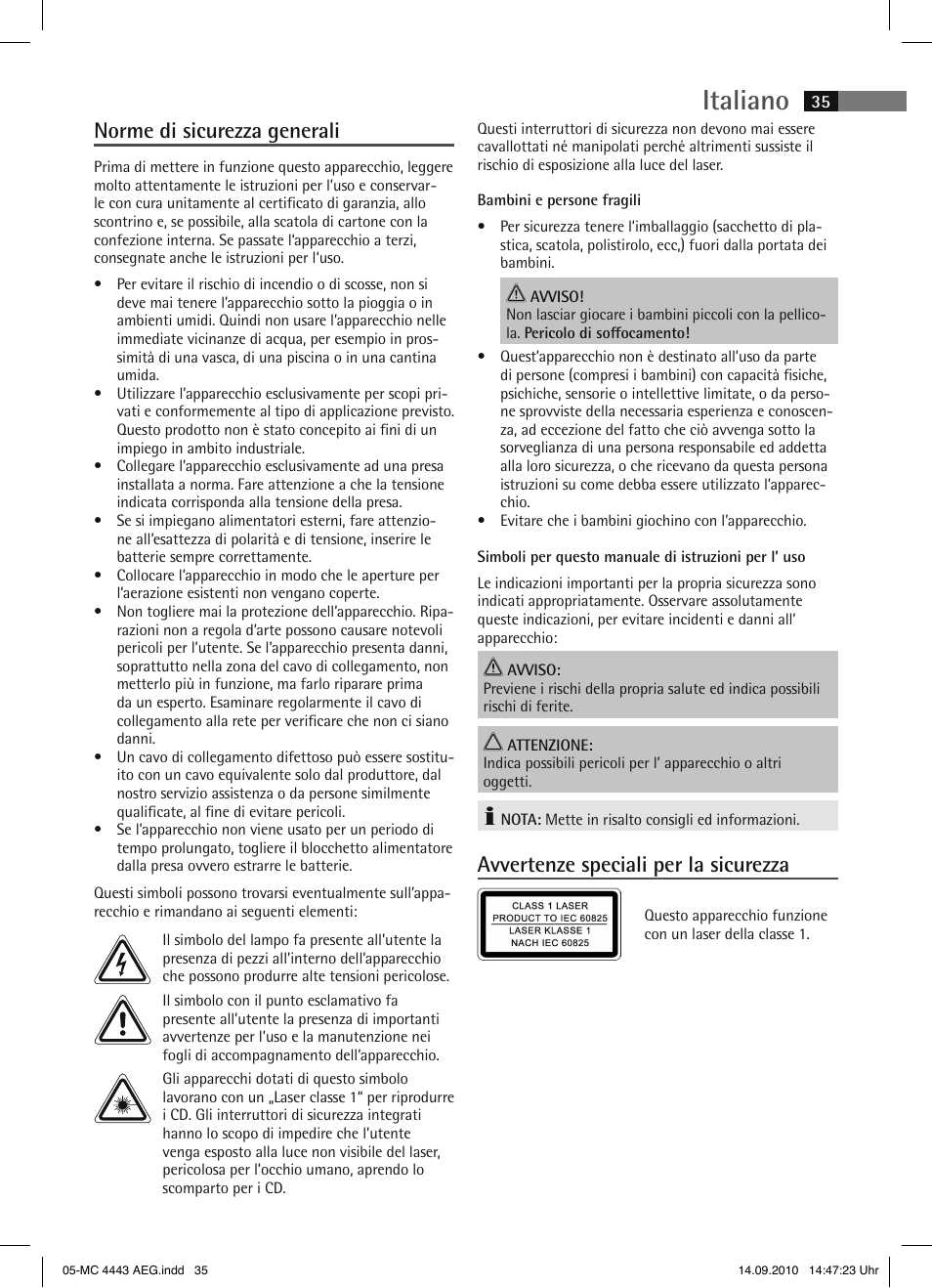 Italiano, Norme di sicurezza generali, Avvertenze speciali per la sicurezza | AEG MC 4443 CD-MP3 User Manual | Page 35 / 74