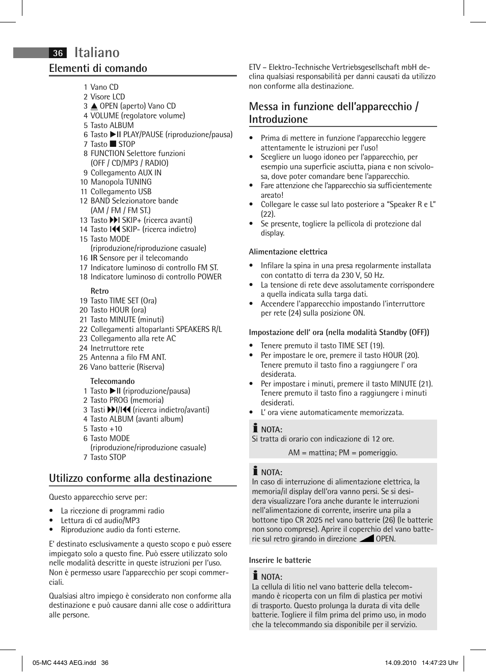 Italiano, Elementi di comando, Utilizzo conforme alla destinazione | Messa in funzione dell’apparecchio / introduzione | AEG MC 4443 CD-MP3 User Manual | Page 36 / 74