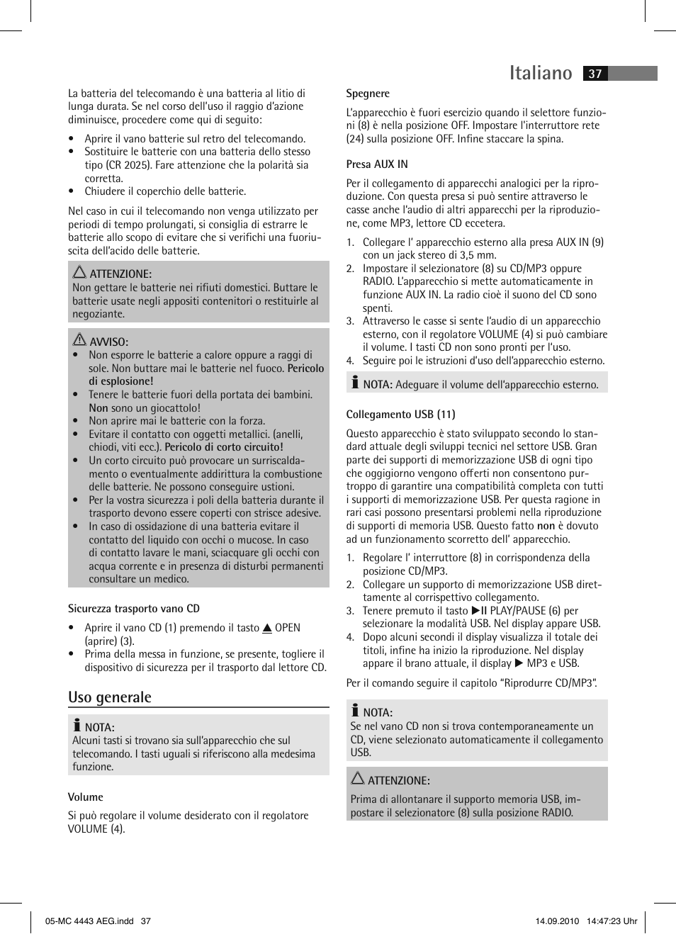 Italiano, Uso generale | AEG MC 4443 CD-MP3 User Manual | Page 37 / 74