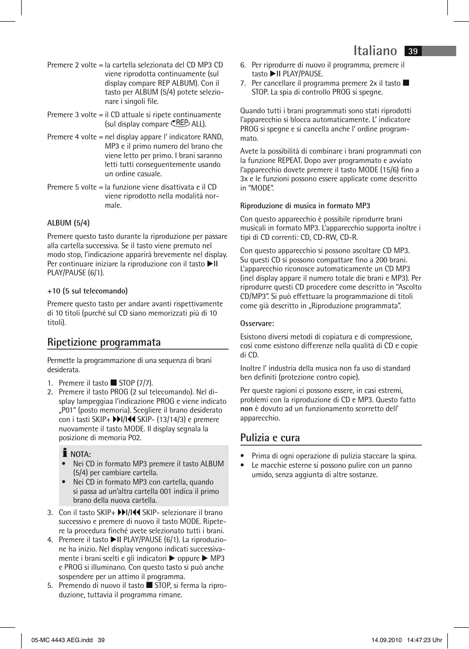 Italiano, Ripetizione programmata, Pulizia e cura | AEG MC 4443 CD-MP3 User Manual | Page 39 / 74