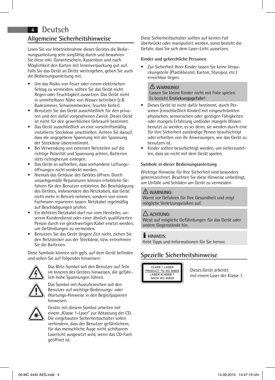 Deutsch, Allgemeine sicherheitshinweise, Spezielle sicherheitshinweise | AEG MC 4443 CD-MP3 User Manual | Page 4 / 74