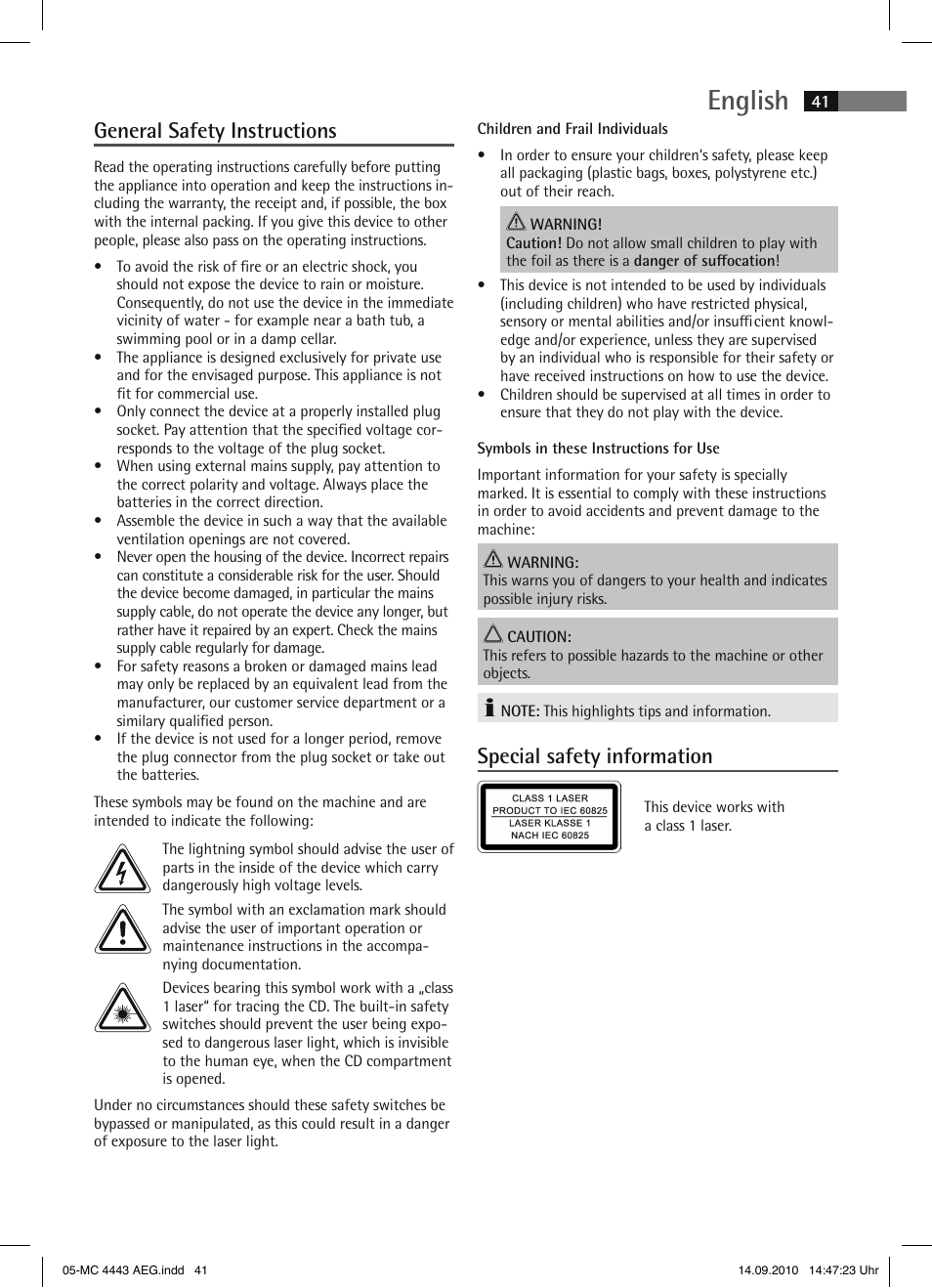 English, General safety instructions, Special safety information | AEG MC 4443 CD-MP3 User Manual | Page 41 / 74