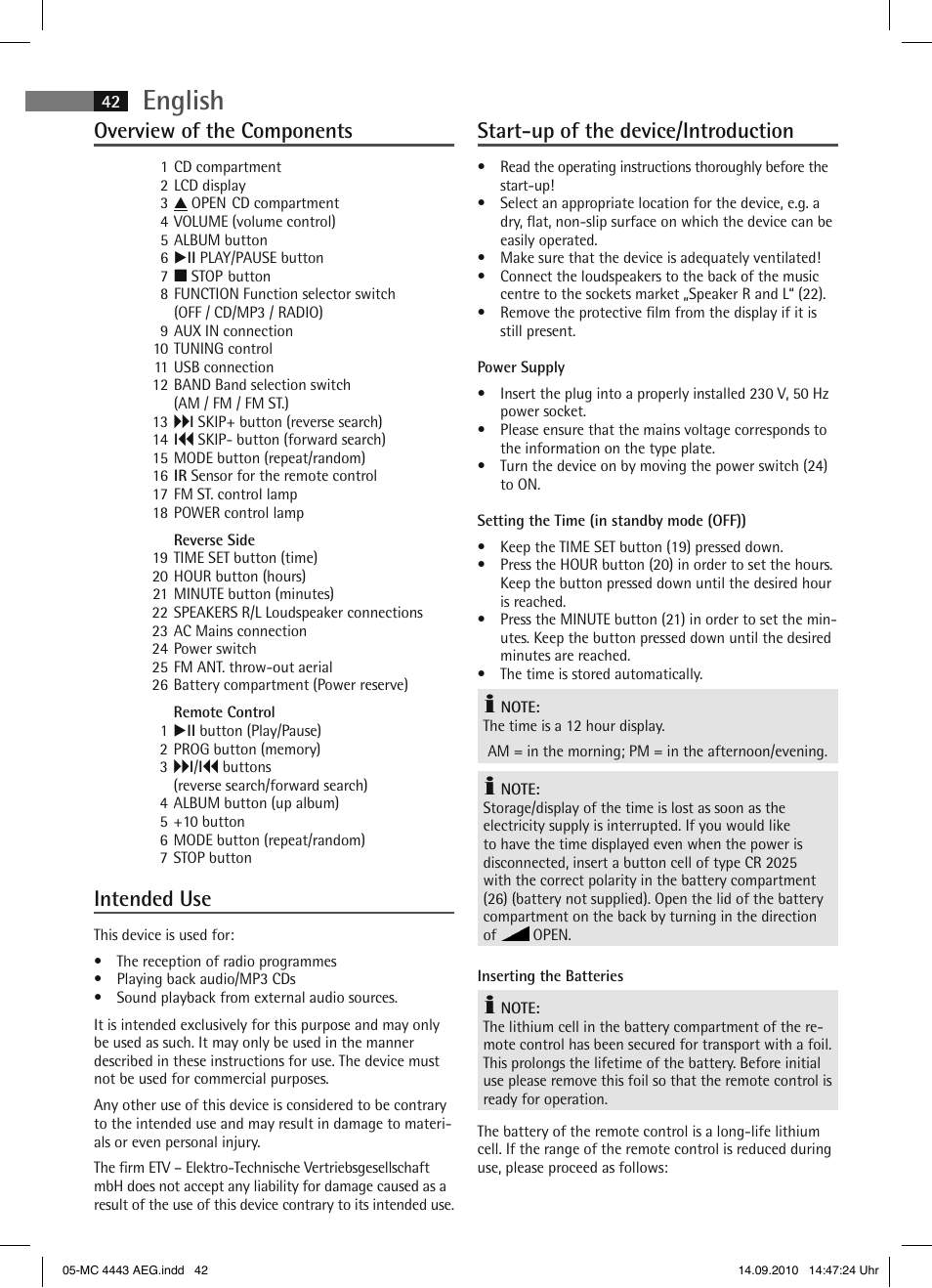 English, Overview of the components, Intended use | Start-up of the device/introduction | AEG MC 4443 CD-MP3 User Manual | Page 42 / 74