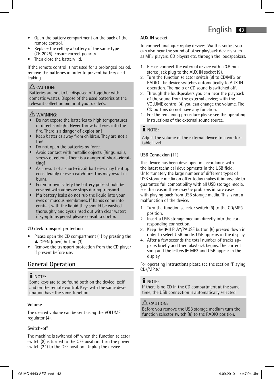 English, General operation | AEG MC 4443 CD-MP3 User Manual | Page 43 / 74