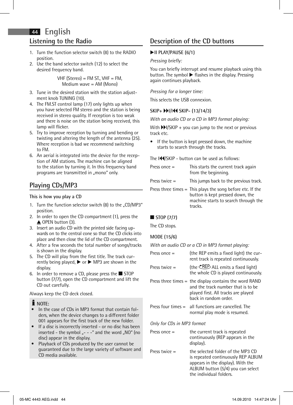 English, Listening to the radio, Playing cds/mp3 | Description of the cd buttons | AEG MC 4443 CD-MP3 User Manual | Page 44 / 74