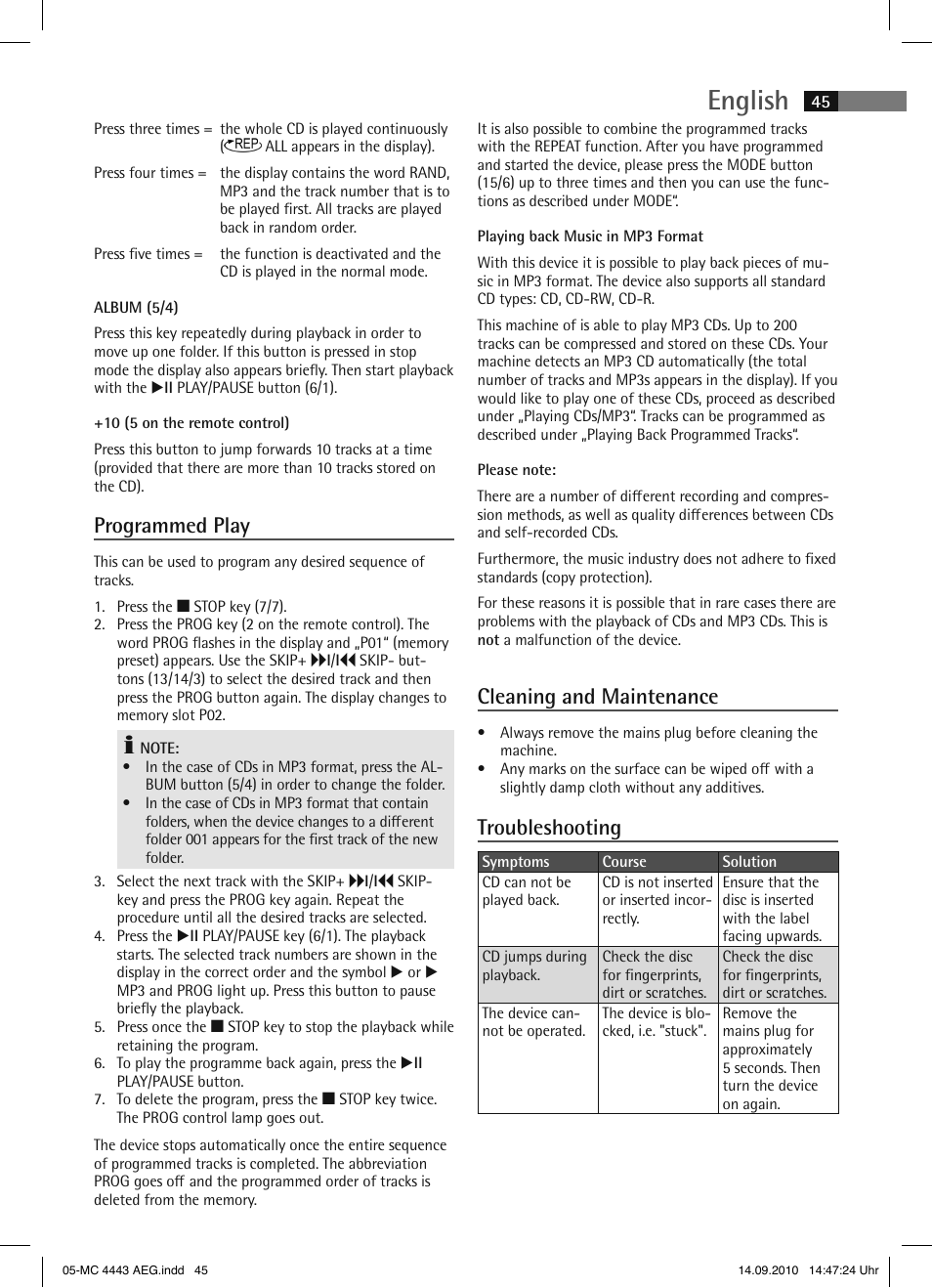 English, Programmed play, Cleaning and maintenance | Troubleshooting | AEG MC 4443 CD-MP3 User Manual | Page 45 / 74
