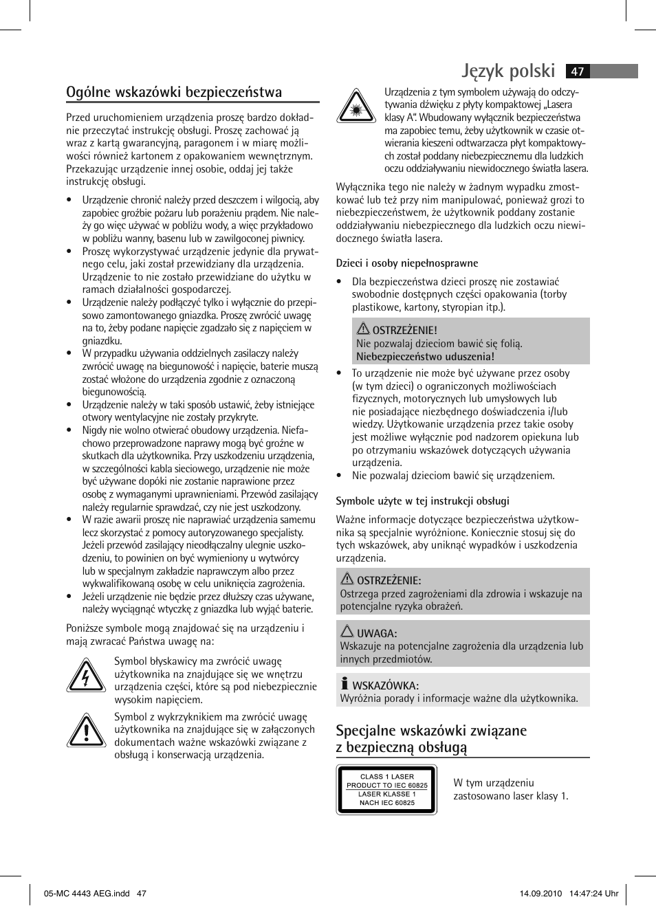 Język polski, Ogólne wskazówki bezpieczeństwa, Specjalne wskazówki związane z bezpieczną obsługą | AEG MC 4443 CD-MP3 User Manual | Page 47 / 74