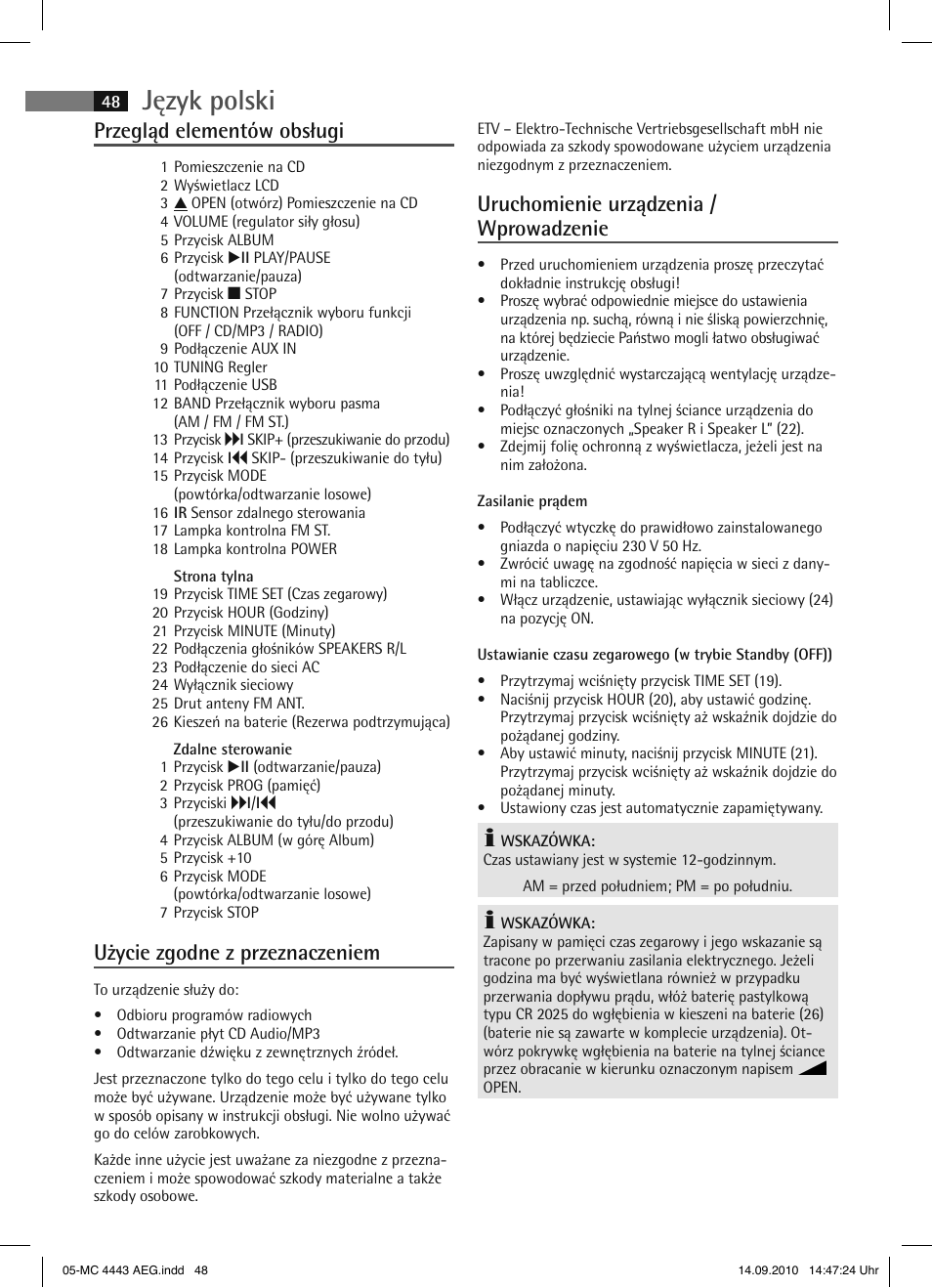 Język polski, Przegląd elementów obsługi, Użycie zgodne z przeznaczeniem | Uruchomienie urządzenia / wprowadzenie | AEG MC 4443 CD-MP3 User Manual | Page 48 / 74