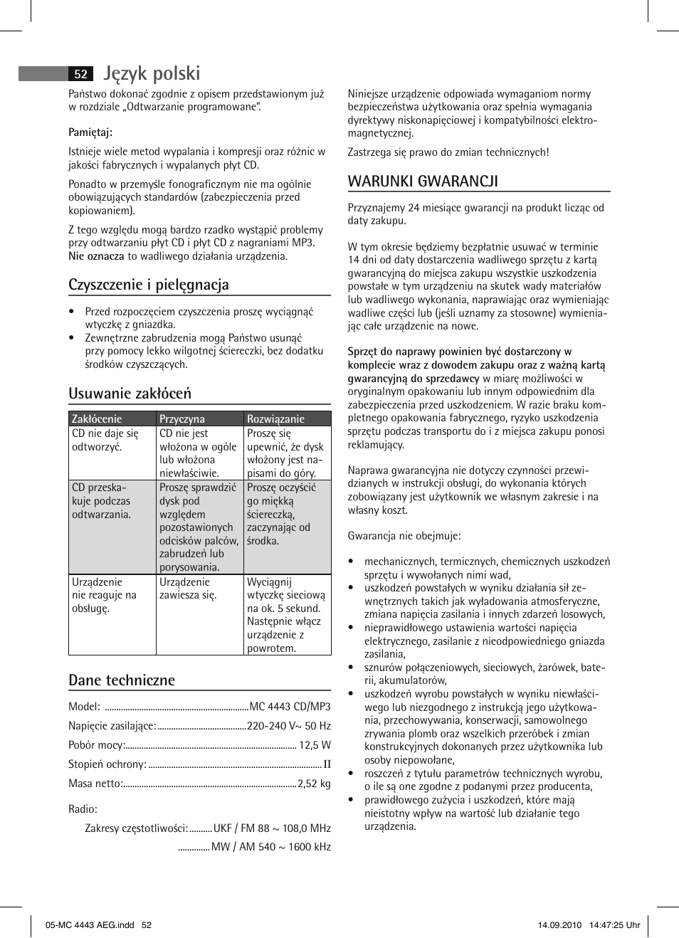 Język polski, Czyszczenie i pielęgnacja, Usuwanie zakłóceń | Dane techniczne, Warunki gwarancji | AEG MC 4443 CD-MP3 User Manual | Page 52 / 74