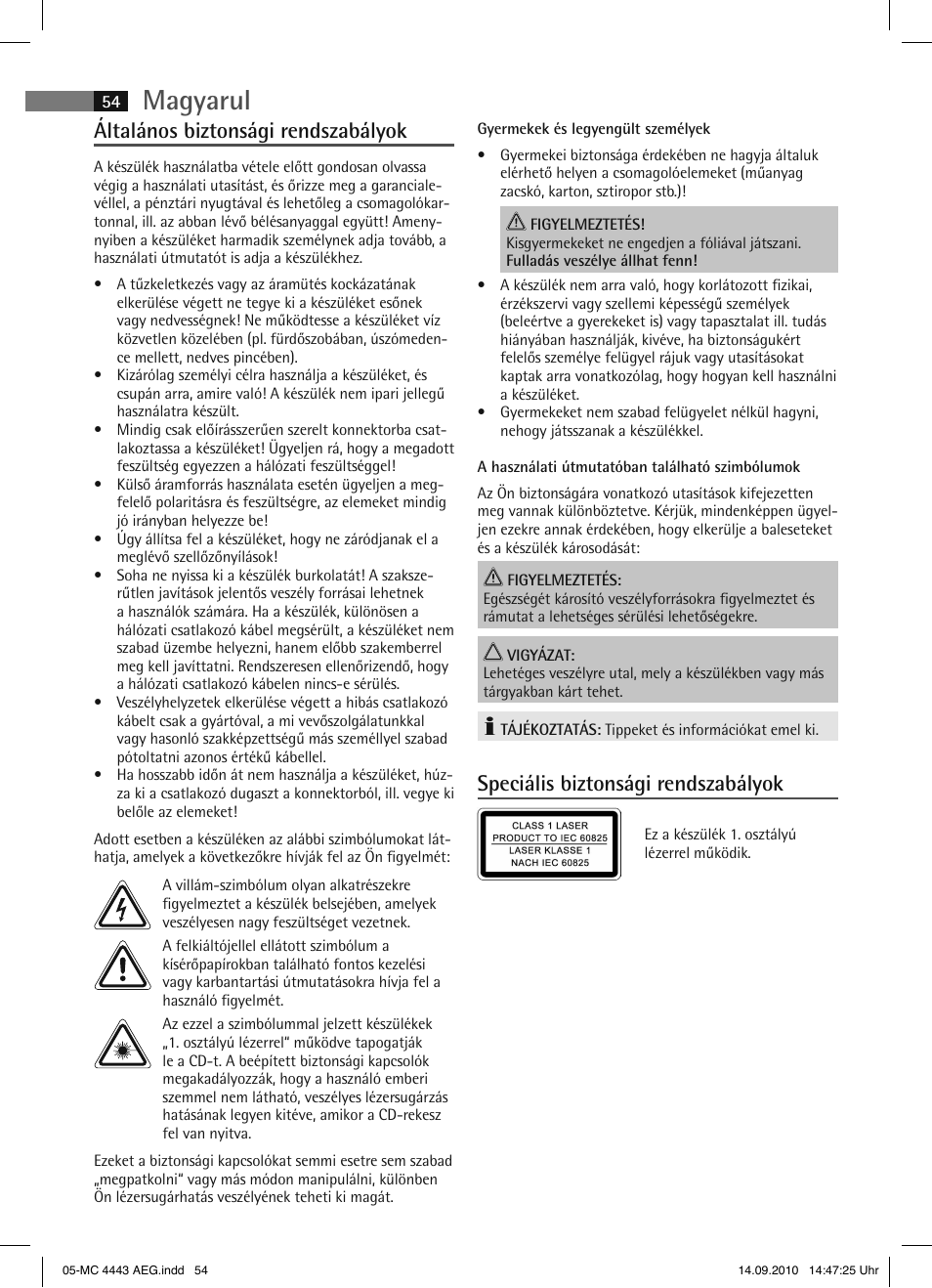 Magyarul, Általános biztonsági rendszabályok, Speciális biztonsági rendszabályok | AEG MC 4443 CD-MP3 User Manual | Page 54 / 74