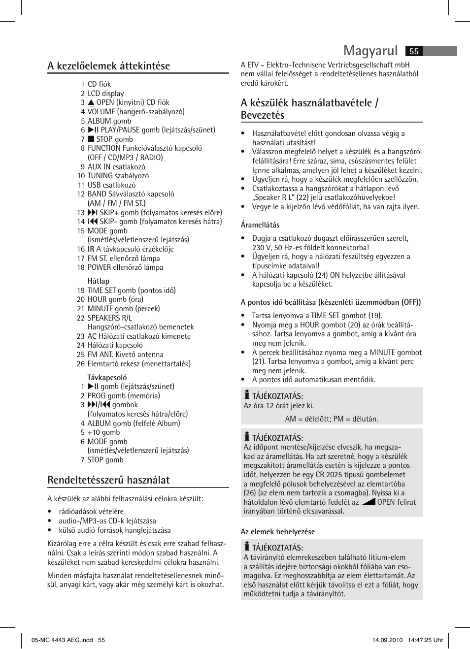 Magyarul, A kezelőelemek áttekintése, Rendeltetésszerű használat | A készülék használatbavétele / bevezetés | AEG MC 4443 CD-MP3 User Manual | Page 55 / 74